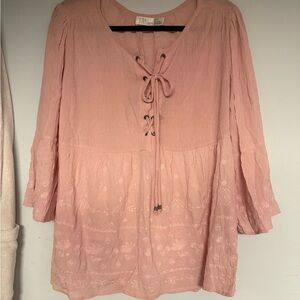 Time and Tru Pink Lace-Up Embroidered Blouse